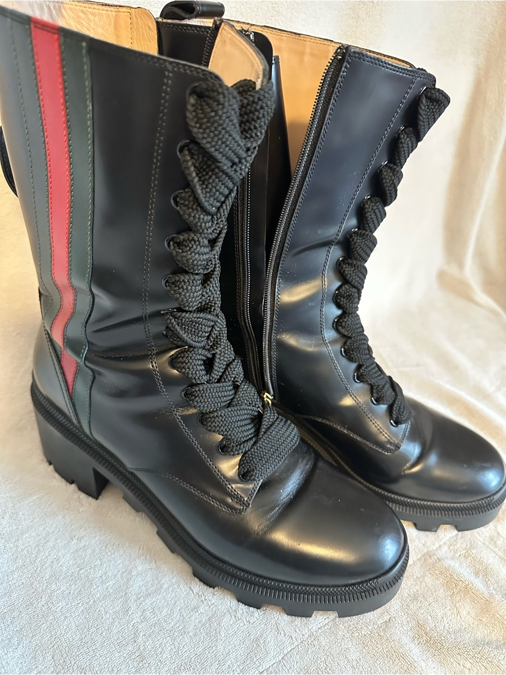 Gucci Black Leather Combat Boots with Red & Green Stripes